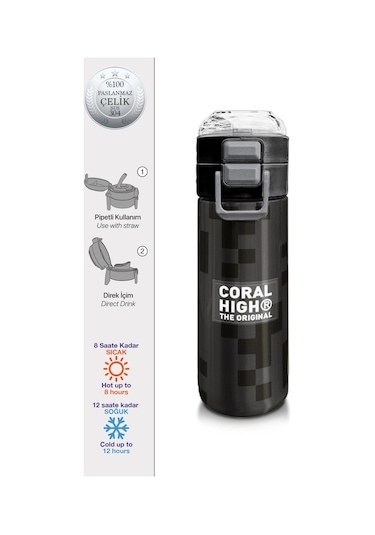 Coral High Kids Siyah Blok Desenli Pipetli Ve Direkt İçim Çelik Termos 500 Ml 31894 Siyah