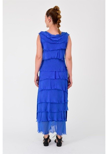 Italyan 2 Beden İnce Gösteren Kat Kat Kolsuz Ipek Elbise-8769 Saks Mavisi