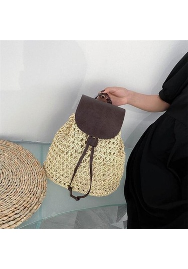 Bej Yogodlns Yeni Kadın Sırt Çantası Tığ Işi Kağıt Halat Örgülü Ipli Kadın Hasır Sırt Çantası Yaz Seyahat Gezisi Bayanlar Dokuma Sırt Çantası Bej