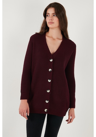 Lela Regular Fit V Yaka Düğmeli Triko Örme Uzun Bayan Hırka 4615044 Bordo