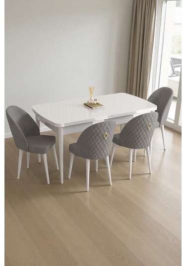 Mura Beyaz 80x132 Açılabilir Mdf Masa Yemek Odası Takımı, Mutfak Takımı 4 Adet Sandalye Gri