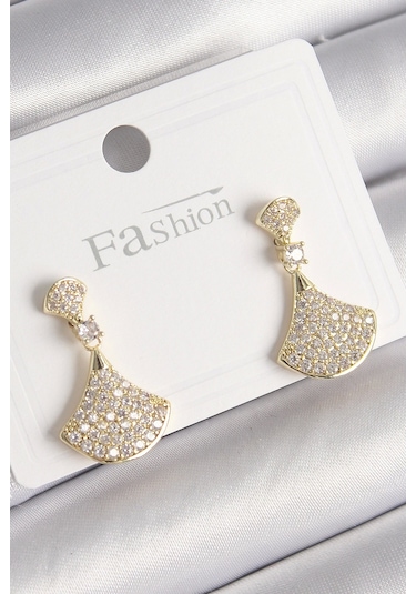 Pirinç Gold Renk Zirkon Taşlı Motif Model Kadın Küpe Çok Renkli