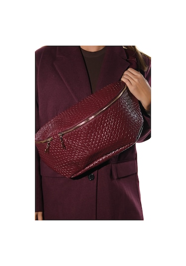 Venta Bordo Örgü Kadın Büyük Bel Çantası Bordo
