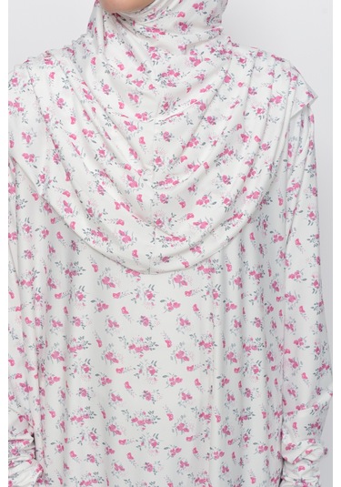 Pratik Tek Parça Çiçek Desenli Kollu Tak Çıkar Başörtülü Likralı Tesettür Namaz Elbisesi 990-0201 Pembe Antrasit