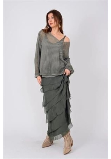 İtalyan 2 Beden Ince Gösteren Kat Kat Ipek Etek & Straplez Elbise Haki