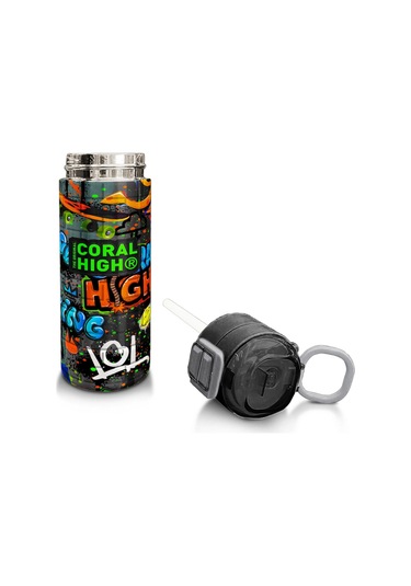 Coral High Kids Siyah Mavi Grafiti Desenli Pipetli Ve Direkt İçim Çelik Termos 500 Ml 31972 Saks Mavi