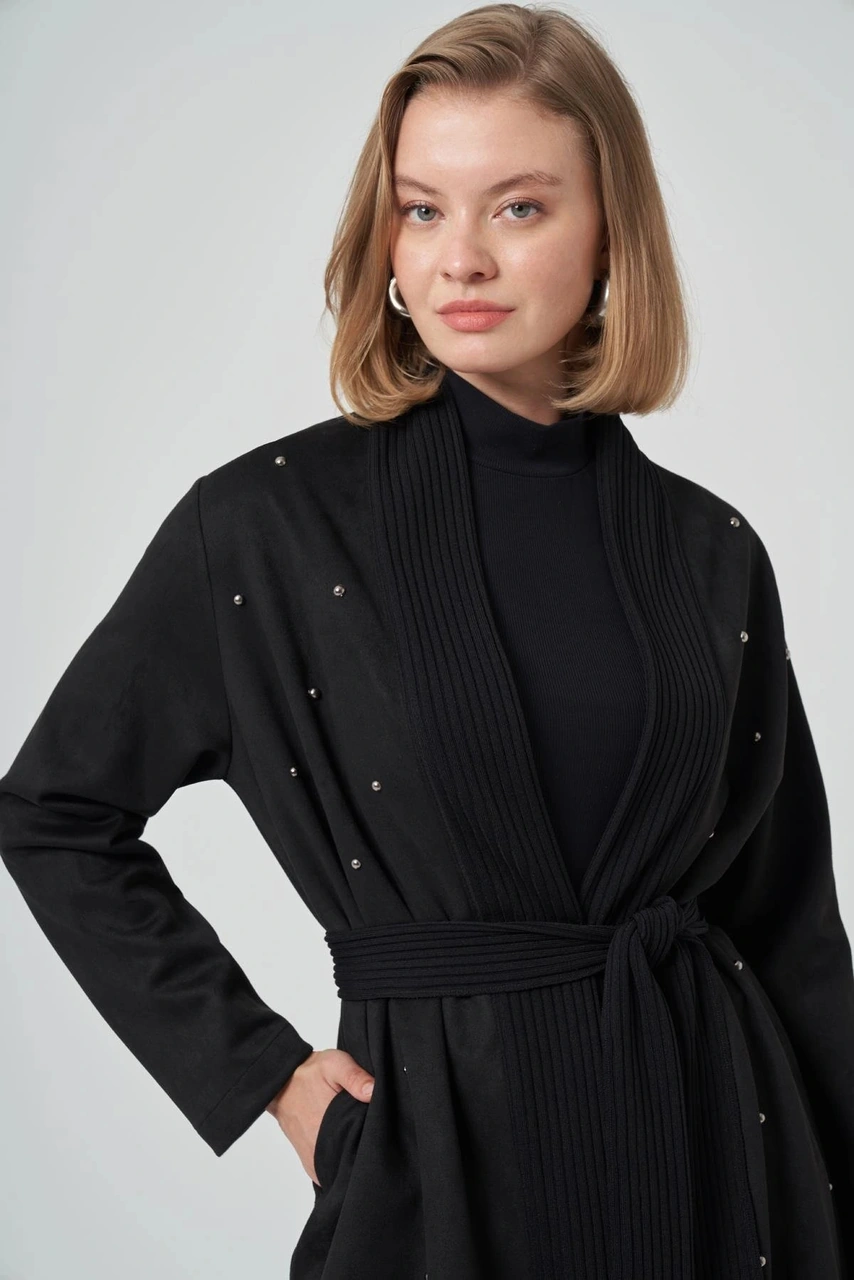 Nuss 6001 Şal Yaka Taş İşlemeli Kap - Siyah Siyah