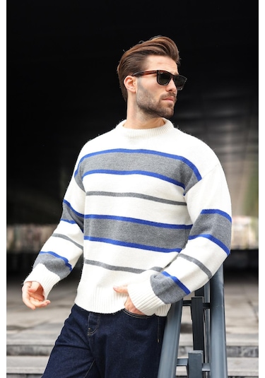 Kemik Rengi Çizgili Bisiklet Yaka Triko Erkek Kazak E7455 Kemik Rengi