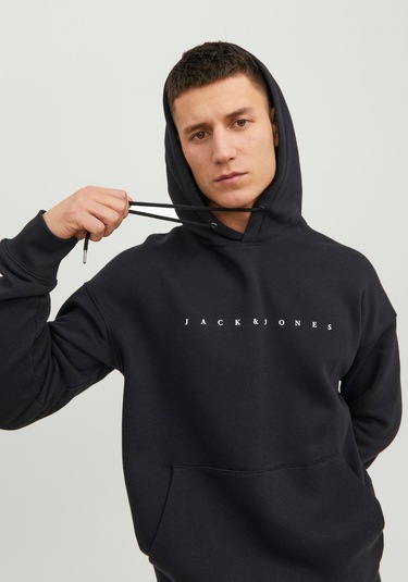 Jack & Jones Kabartma Baskılı Kapüşonlu Sweatshirt - Star 12233972 Black Koyu Siyah