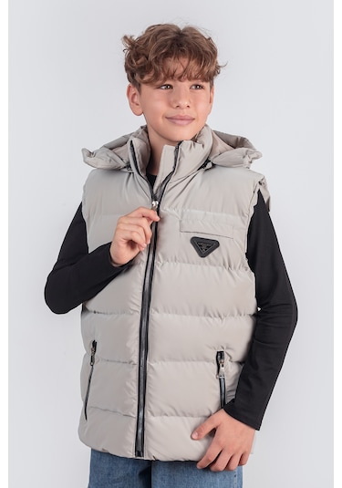 Kapüşonlu Erkek Çocuk Nova Kumaş Şişme Yelek Bej