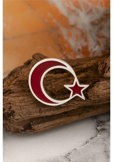 925 Ayar Gümüş Mineli Türk Bayrağı Rozet -8052 Gümüş