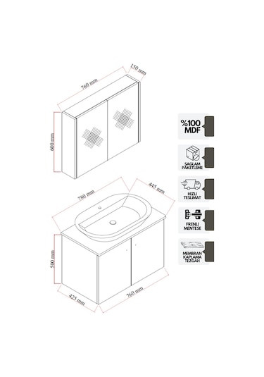 Karen Banyo Mimoza 80 Cm Tezgahlı, Aynalı Banyo Dolabı Seti, Seramik Lavabo Dahil, Beyaz, Mdf Beyaz