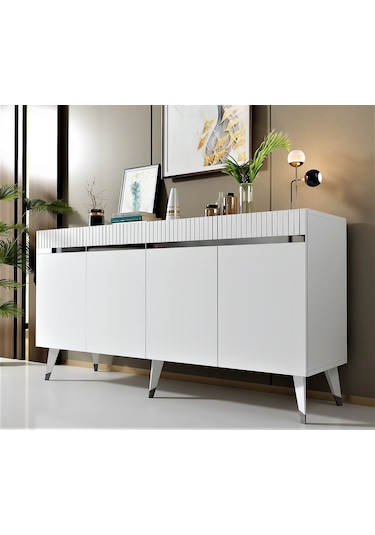 Apollon Konsol Tv Sehpası Çok Amaçlı Dolap Beyaz Gümüş