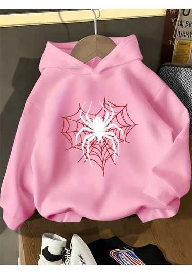 Kışlık Kapüşonlu Sweatshirt, Çocuk Örümcek Ağ Kalpli Baskılı Pembe