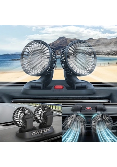 Xuweiwei Siyah 360 Derece Dönebilen Çift Başlı Usb Araç Fanı Ayarlanabilir Rüzgar Hızı Karavan Ve Araçlar İçin