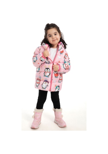 Kız Çocuk İçi Polarlı Kapüşonlu Penguen Şeker Desenli Kışlık Şişme Mont Pembe