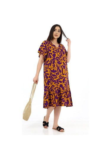 Schık Kadın Viskon Yarım Kol V Yaka Cepli Fırfırlı Elbise Mor Mor