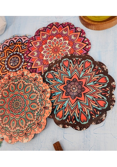 Renkli Desenli Nihale Ahşap Çaydanlık Tencere Tava Altlığ 4lü Set