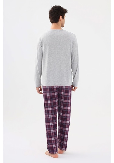 Erkek Pamuklu Uzun Kollu Önü Patlı Ekose Desenli Pijama Takımı Ko60105 Mor