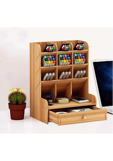 Ganzhoushop Masaüstü Depolama Kutusu Çok İşlevli Malzeme Kırtasiye Masif Ahşap Kalemlik Depolama Rafı Masa, Organizasyon İçin