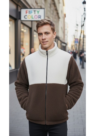 Premium Kalite Renk Bloklu, Fermuarlı, Dik Yaka, Sherpa, Polar, Peluş Ceket Kahverengi - Beyaz
