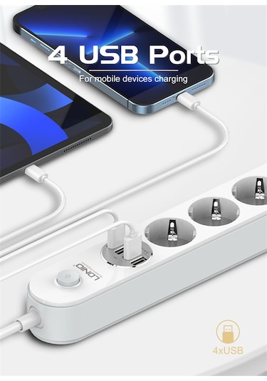 Ldnio Se4432 4xusb Çıkışlı 4'lü Akım Korumalı Priz Beyaz 2 M