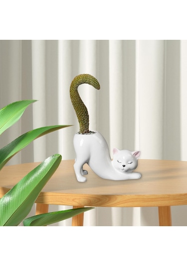 Suntek Magideal Karikatür Kedi Saksı Seramik Kapalı Açık Beyaz