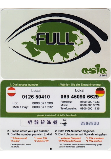Almanya-avusturya Full Asia Telefon Kartı. Ufak Çizikleri Var.