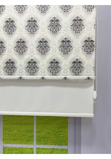 Gri Damask Desenli Çift Mekanizmalı Tül Ve Stor Perde - Simli Kumaş, Simli Stor Perde Gri