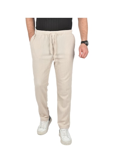 Deepsea Erkek Bej Rahat Kesim Örme Kumaş Beli Lastikli İnce Spor Pantolon 2502216 Bej