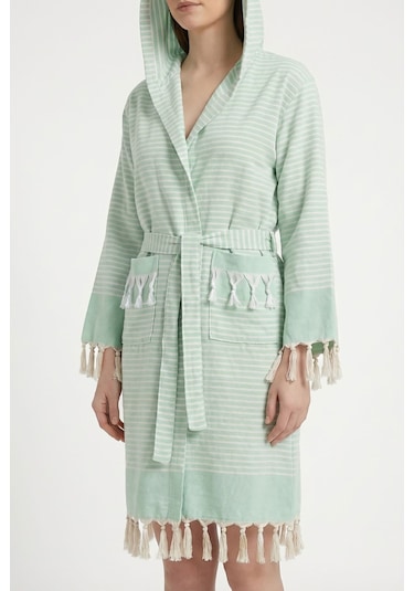 Kapşonlu Unisex Peştemal Plaj Bornozu %100 Pamuklu Seaside Stripe Yeşil