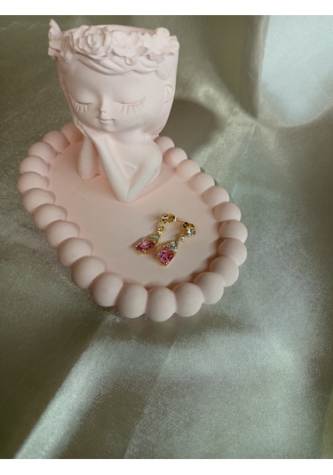 Pembe Taşlı Bronz Küpe
