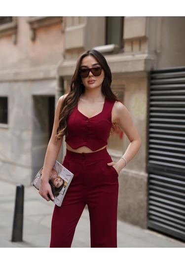 Kadın Crep V Yaka Yelek Ve Pantolon Takım Bordo