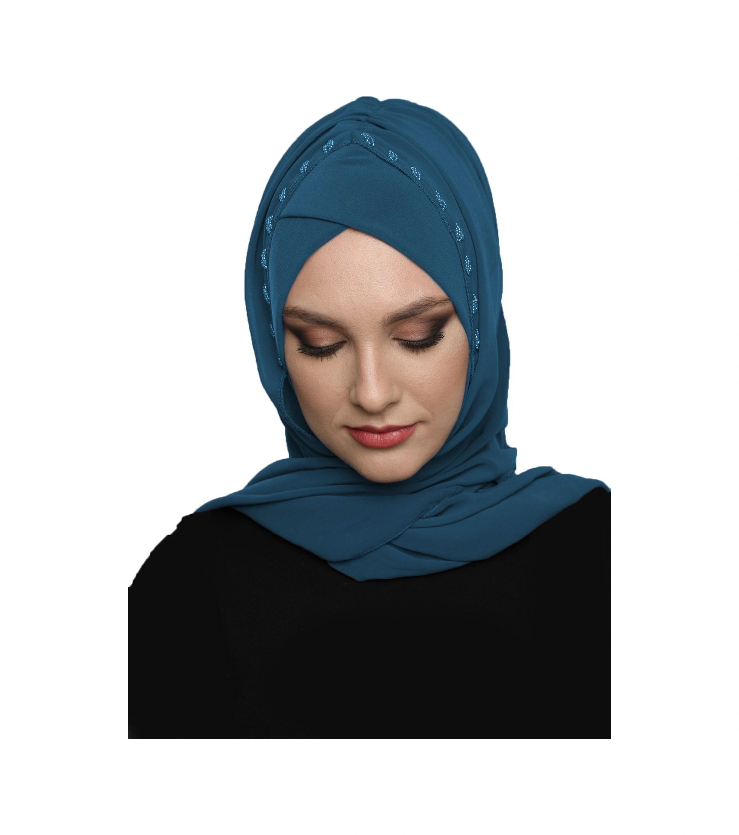 Şallı Takmatik Taşlı Petrol Renk Hazır Türban Tesettür Bone Namaz Örtüsü Petrol
