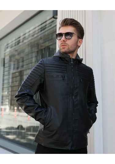 Erkek Kapüşonlu Siyah Deri Mont 001