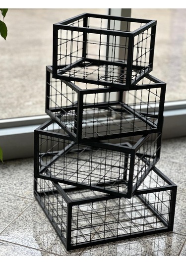 Metal Tel Kasa Sepet - 4'lü Set - Dekoratif, Taşınabilir Ürün Kasası, Sele Sepet 30-35-40-45 Cm H:40 Cm Siyah