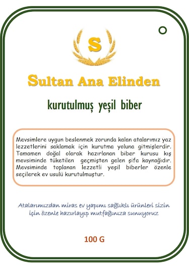 Sultan Ana Elinden Kurutulmuş Yeşil Biber 100 G