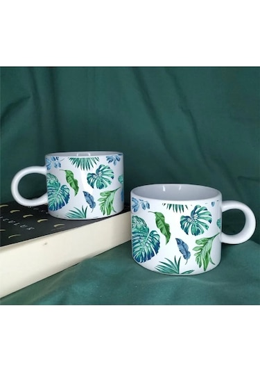 2'li Egzotik Çiçek Desenli Kahve Fincanı Duble Türk Kahve Fincanı 150 Ml Porselen Motto Fincan Beyaz