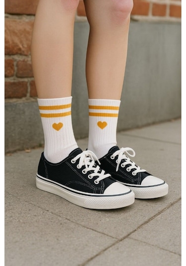 Kadın 5 Çift Premium Kalite Çizgili Kalp İşlemeli Tenis Soket ASORTİ
