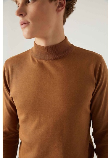 D's Damat Regular Fit Camel Pamuk Karışımlı Yarım Balıkçı Triko Kazak Camel