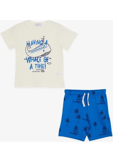 Breeze Erkek Çocuk Şortlu Takım Eğlenceli Balina Baskılı 1.5-5 Yaş, Krem-krem Krem