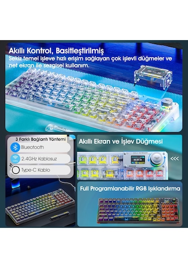 Aula F98 Pro Oled Ekranlı Makrolu Kablosuz Rgb Hot-swap Gasket Pre-lubed Switch Mekanik Klavye