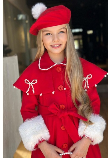 Riccotarz Kız Çocuk Boydan Yakası İnci Taş İşlemeli Şal Detaylı Kemerli Kırmızı Kaşe Kırmızı