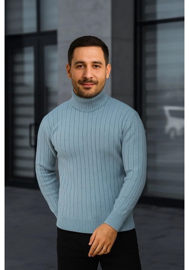 Erkek Fitilli Triko Kazak 3'lü Set Bebek Mavisi Bej Siyah Regular Balıkcı Yaka Tam Boğazlı Triko Set Bebek Mavisi - Siyah