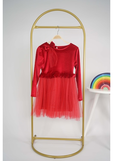 Kız Çocuk Yılbaşı Temalı Eteği Tül Astarlı Tokalı Kadife Uzun Kol Elbise Kırmızı
