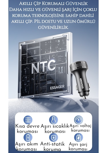 Essager 108w Araç Şarjı Type-c+usb Üç Giriş Hızlı Pd Ce Lisanslı