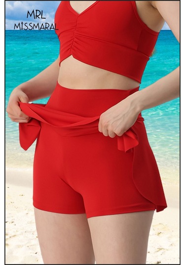 Mini Şort Etek Görünümü Etek Içi Şortlu Cepli Spor Tasarım Tenis Deniz Havuz Fitness Kırmızı 1107 Kırmızı
