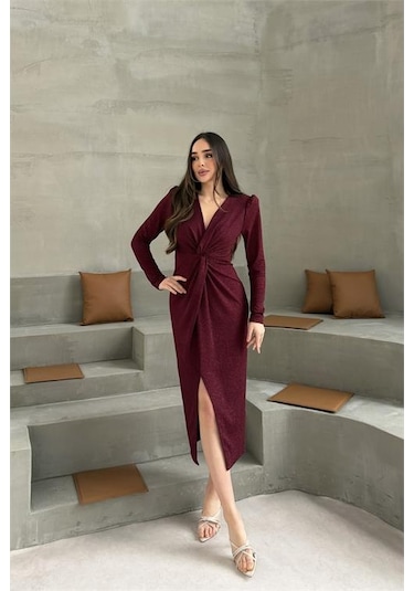 Neşeli Butik Kadın Bordo Anvelop Büzgülü Simli Premium Midi Elbise Nbelb08 Bordo