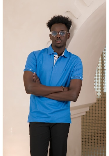 Paul Martin Regular Fit Yaka Garnili Pamuklu Polo Yaka T-shirt Sax
