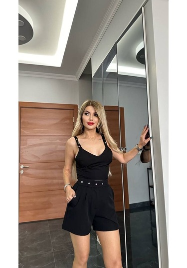 Askılı Crop Şort Takım Taşlı Kemerli Siyah Siyah